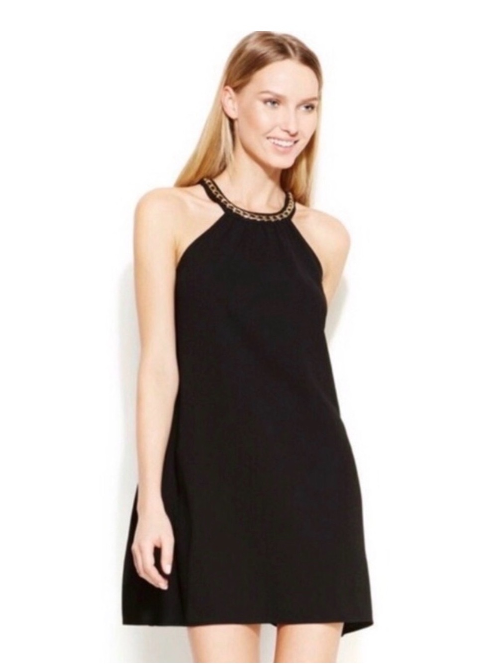 Calvin Klein Solid Black Sleeveless‎ gold neck detail Dress CD5E1C4R Size 4